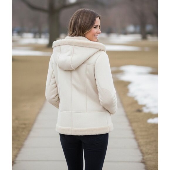 Vtg Y2K Hydraulic Hooded Cream Faux Suede & Fur Lined Penny Lane Coat | Boho Lg - Picture 7 of 16